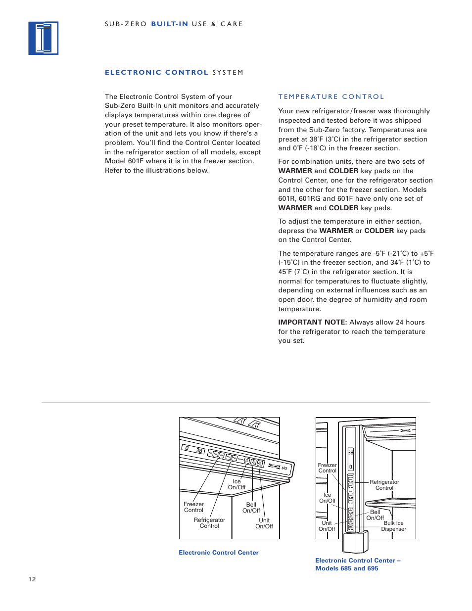 Ice on/off, Bell on/off | Sub-Zero Built-In Refrigeration User Manual | Page 12 / 40