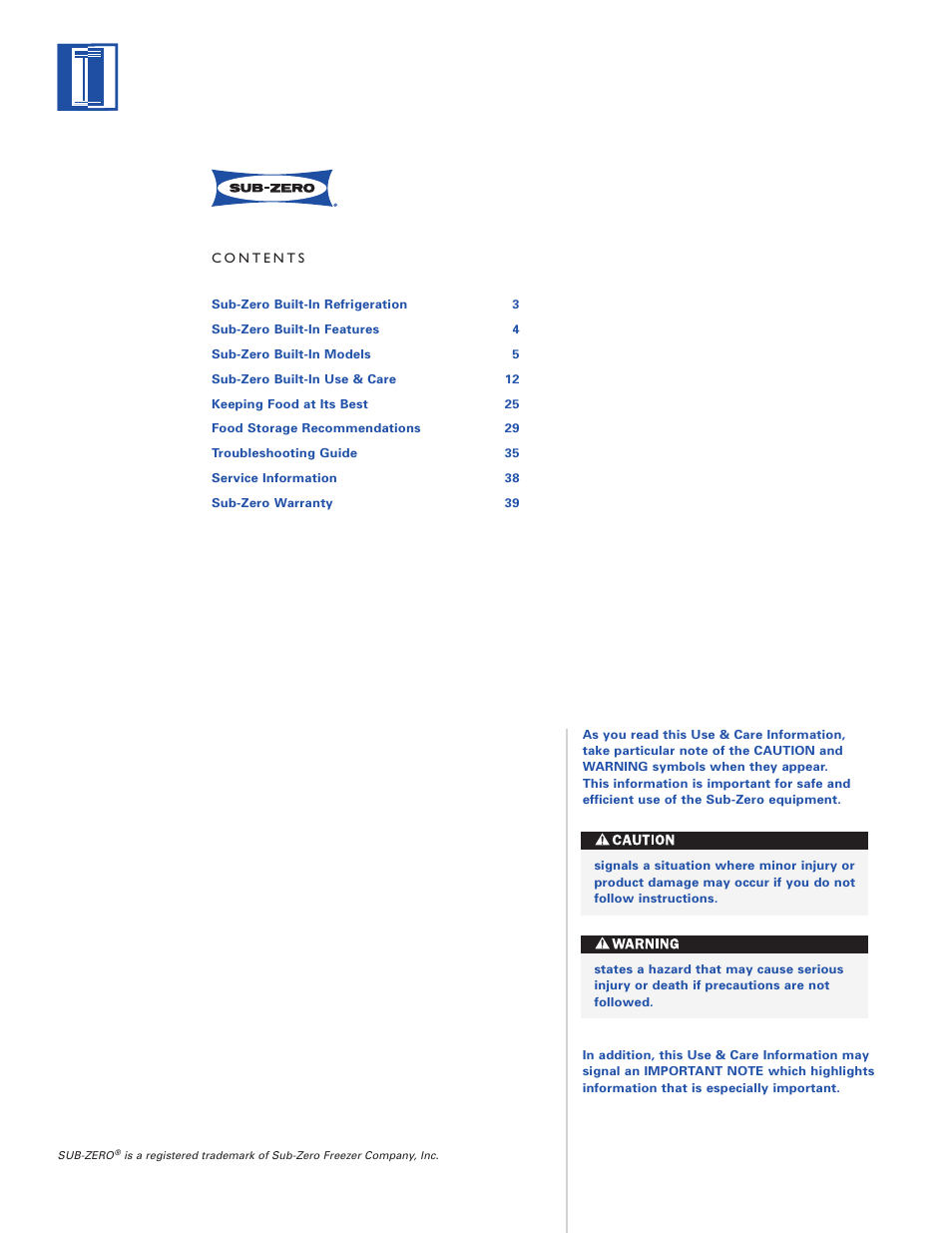 Sub-Zero Built-In Refrigeration User Manual | Page 2 / 40