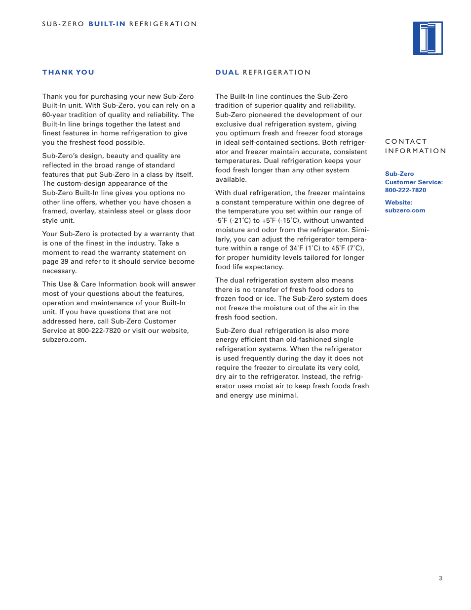 Sub-Zero Built-In Refrigeration User Manual | Page 3 / 40