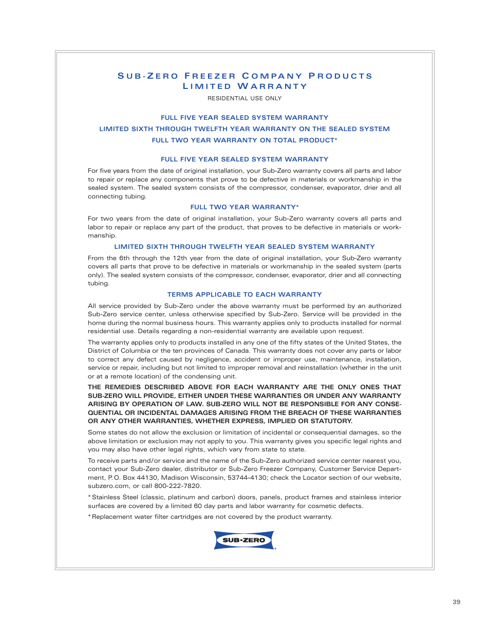 Sub-Zero Built-In Refrigeration User Manual | Page 39 / 40