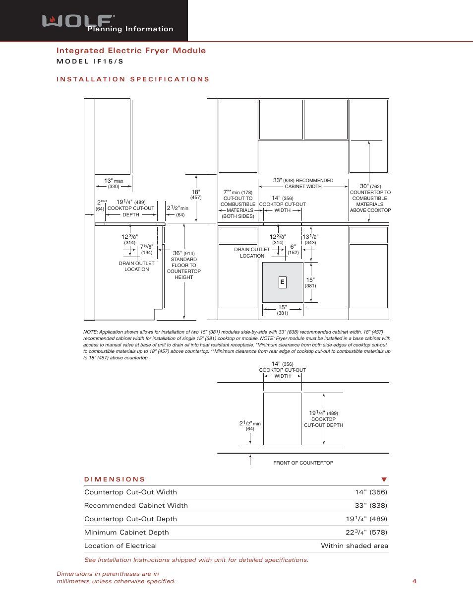 Integrated electric fryer module, Planning information | Sub-Zero IF15/S User Manual | Page 4 / 6