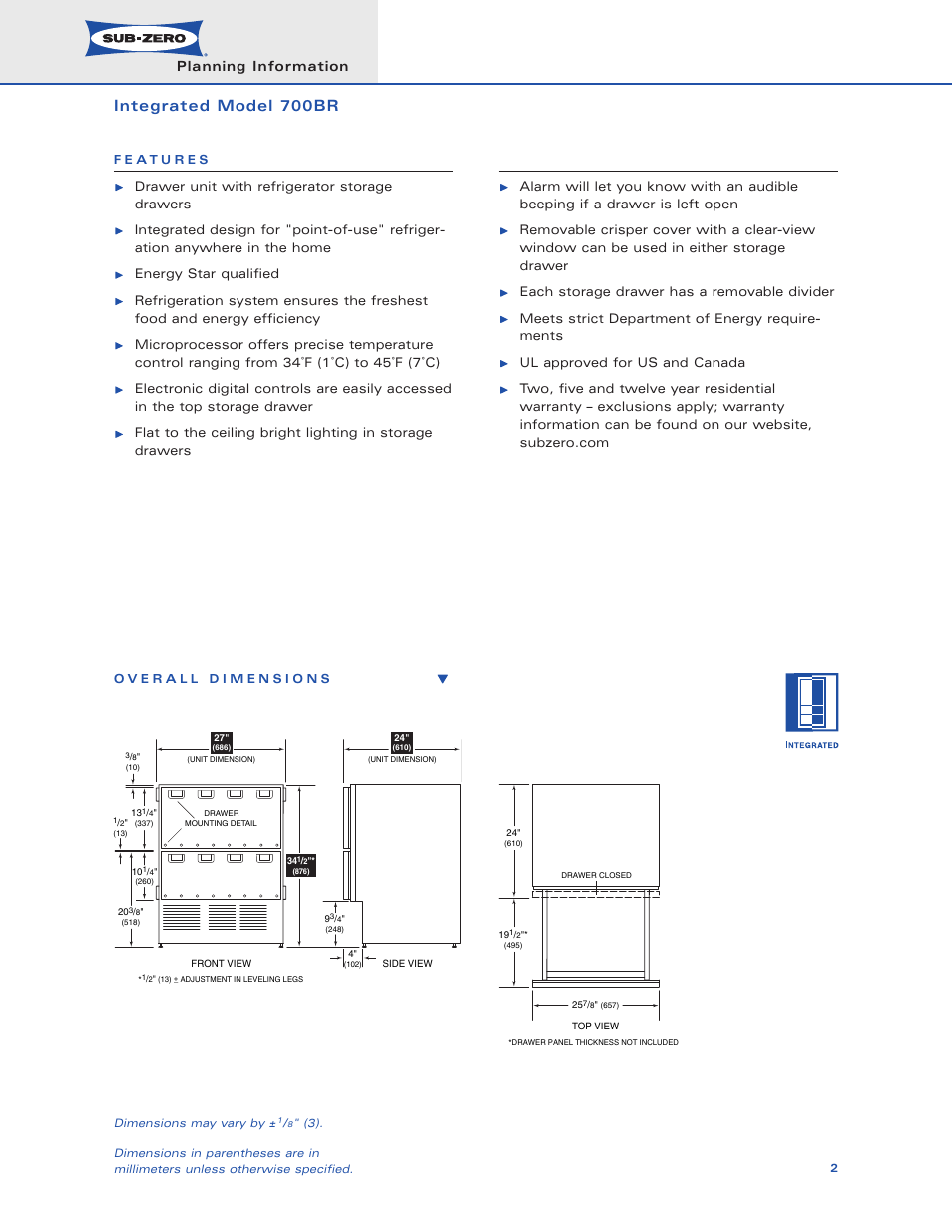 Integrated model 700br, Planning information | Sub-Zero 700BR User Manual | Page 2 / 11