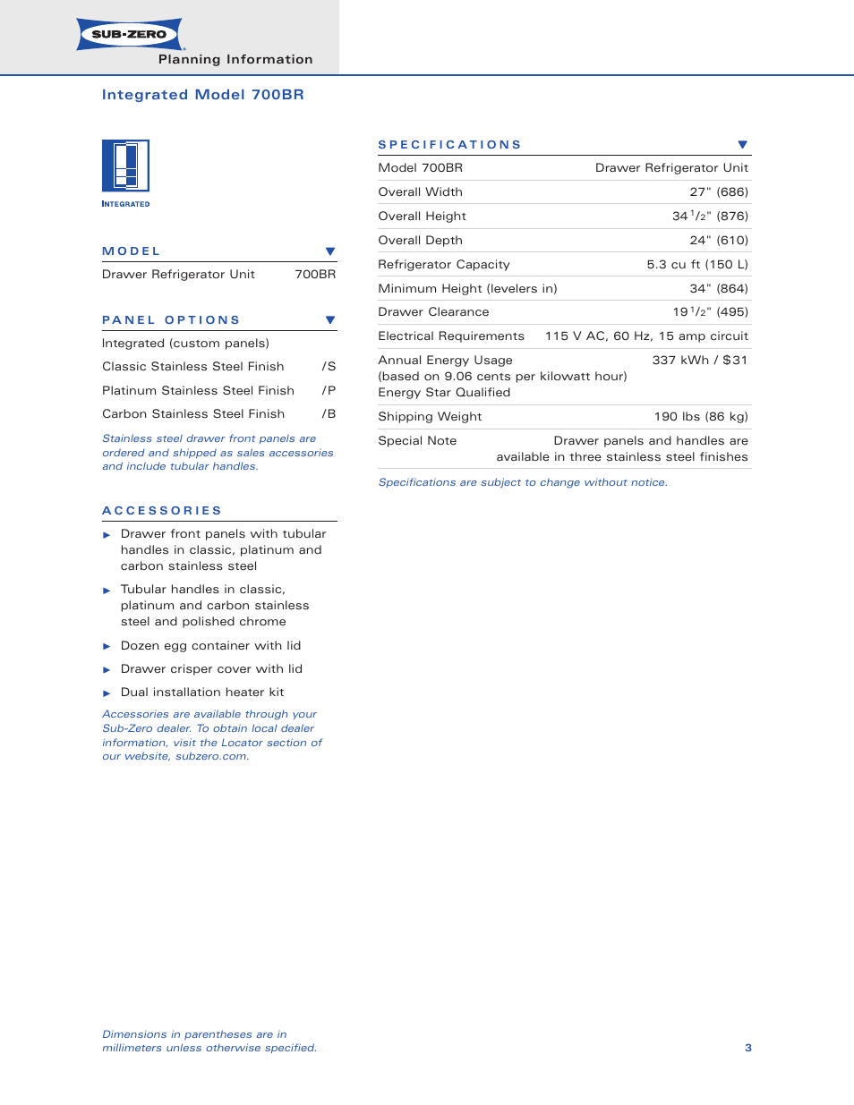 Sub-Zero 700BR User Manual | Page 3 / 11