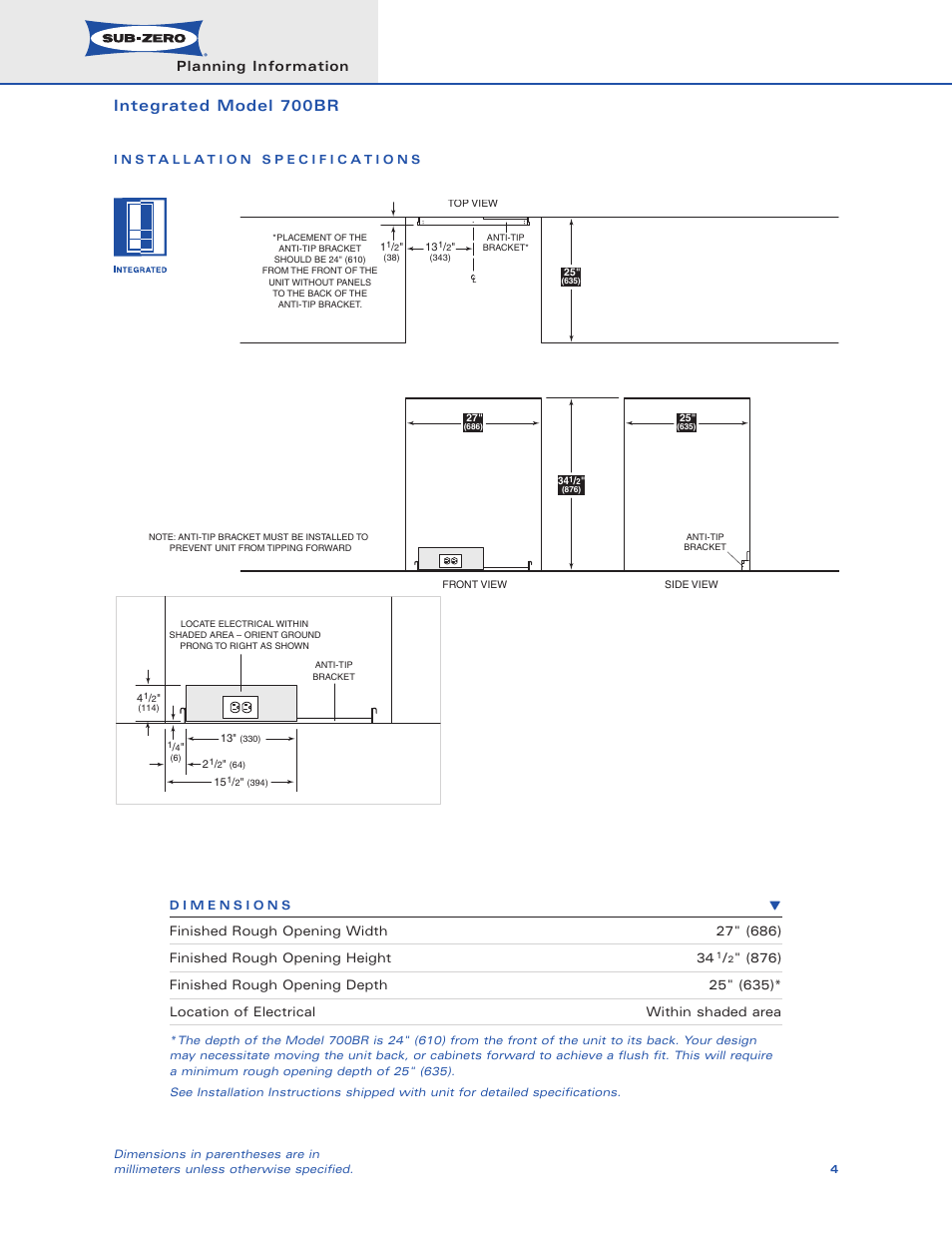 Integrated model 700br, Planning information | Sub-Zero 700BR User Manual | Page 4 / 11