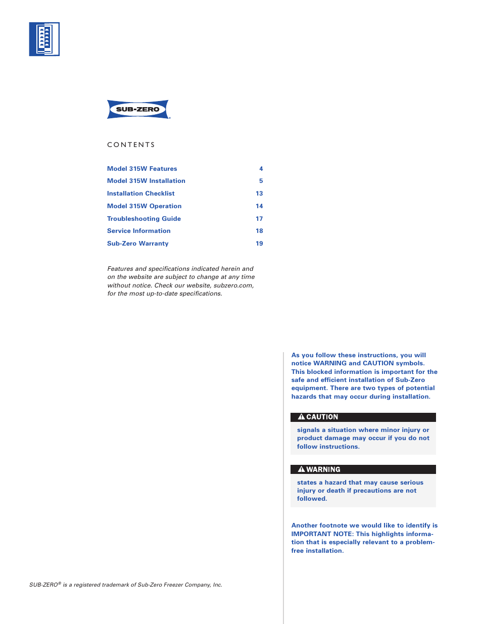 Sub-Zero 315W User Manual | Page 2 / 20