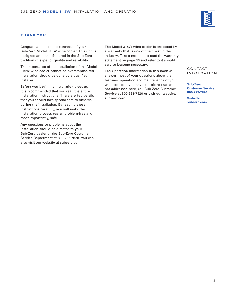Sub-Zero 315W User Manual | Page 3 / 20