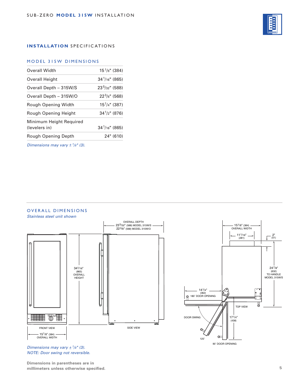 Sub-Zero 315W User Manual | Page 5 / 20