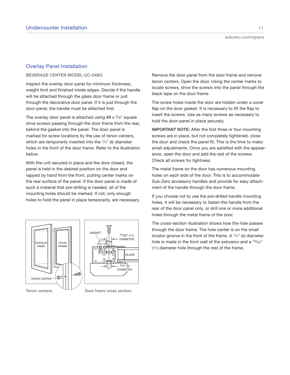Undercounter installation, Overlay panel installation | Sub-Zero Undercounter Refrigeration UC-24CI4 User Manual | Page 11 / 16
