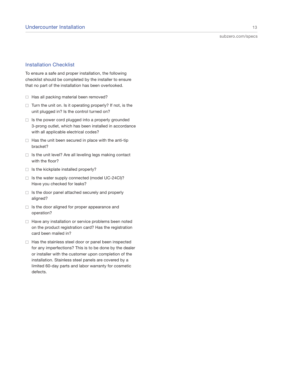 Sub-Zero Undercounter Refrigeration UC-24CI4 User Manual | Page 13 / 16