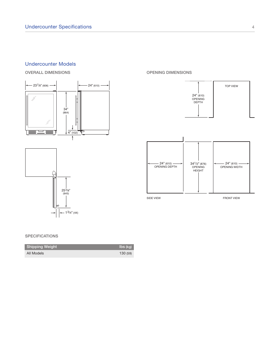 Undercounter specifications, Undercounter models | Sub-Zero Undercounter Refrigeration UC-24CI4 User Manual | Page 4 / 16