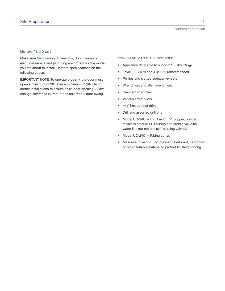 Site preparation, Before you start | Sub-Zero Undercounter Refrigeration UC-24CI4 User Manual | Page 5 / 16