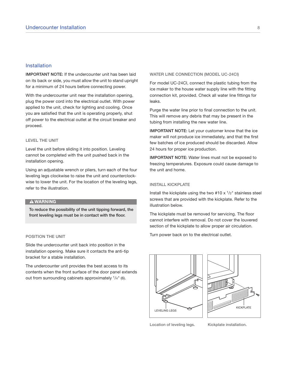 Undercounter installation, Installation | Sub-Zero Undercounter Refrigeration UC-24CI4 User Manual | Page 8 / 16