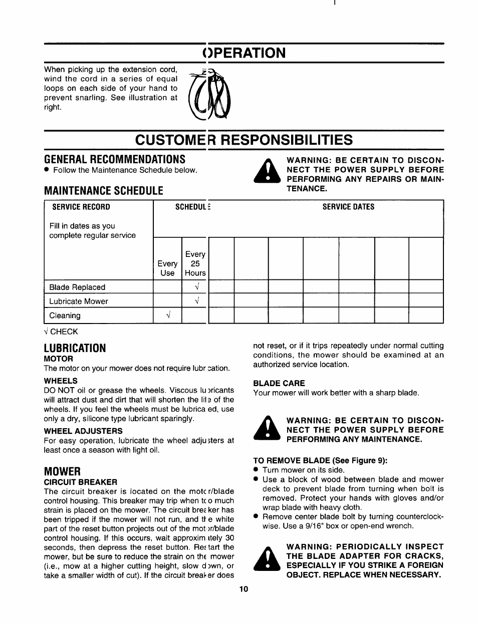 General recommendations, Maintenance schedule, Lubrication | Motor, Wheel adjusters, Mower, Circuit breaker, Blade care, To remove blade (see figure 9), Operation | Sears 247.370291 User Manual | Page 10 / 32