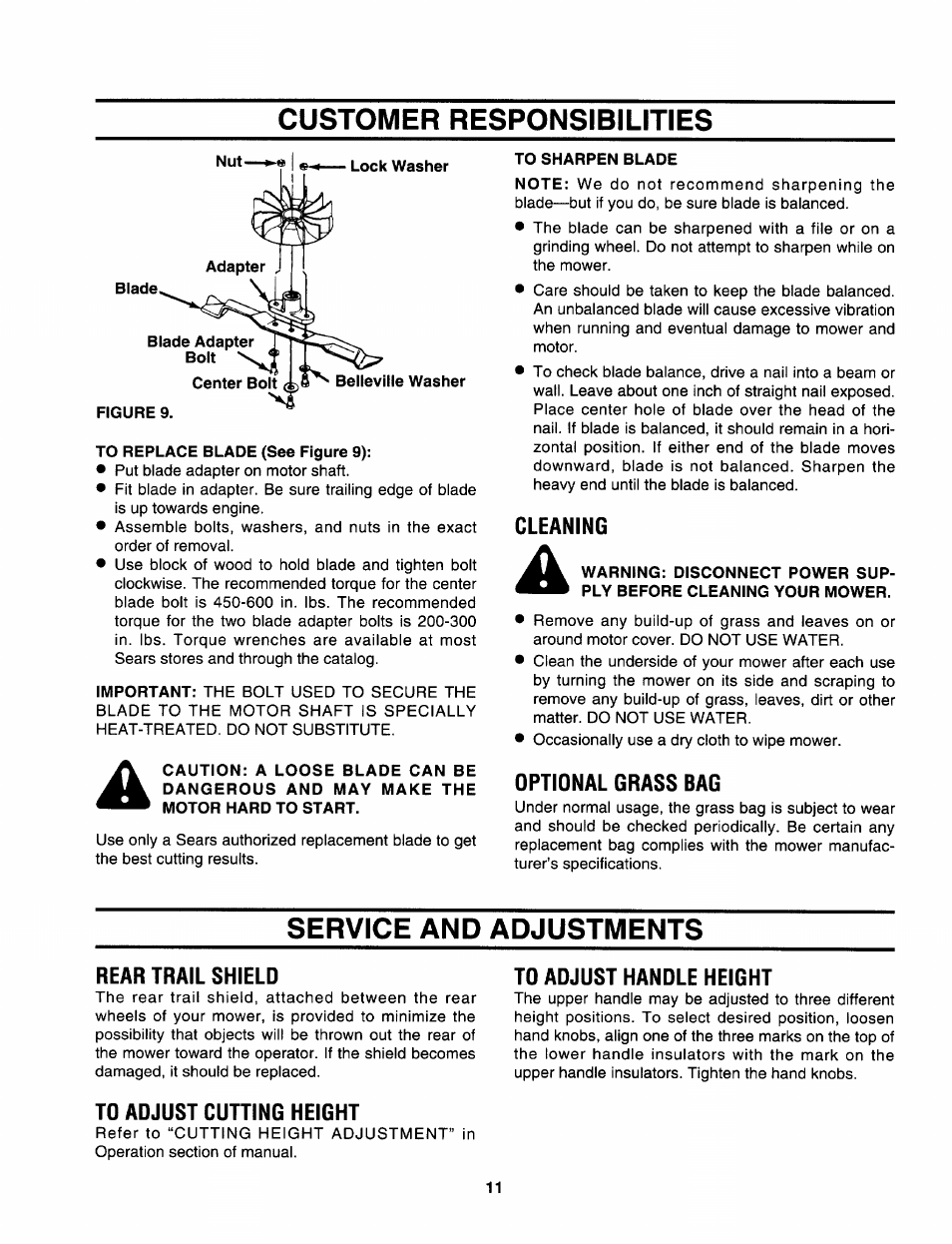 To replace blade (see figure 9), To sharpen blade, Cleaning | Optional grass bag, Rear trail shield, To adjust cutting height, To adjust handle height, Customer responsibilities, Service and adjustments | Sears 247.370291 User Manual | Page 11 / 32