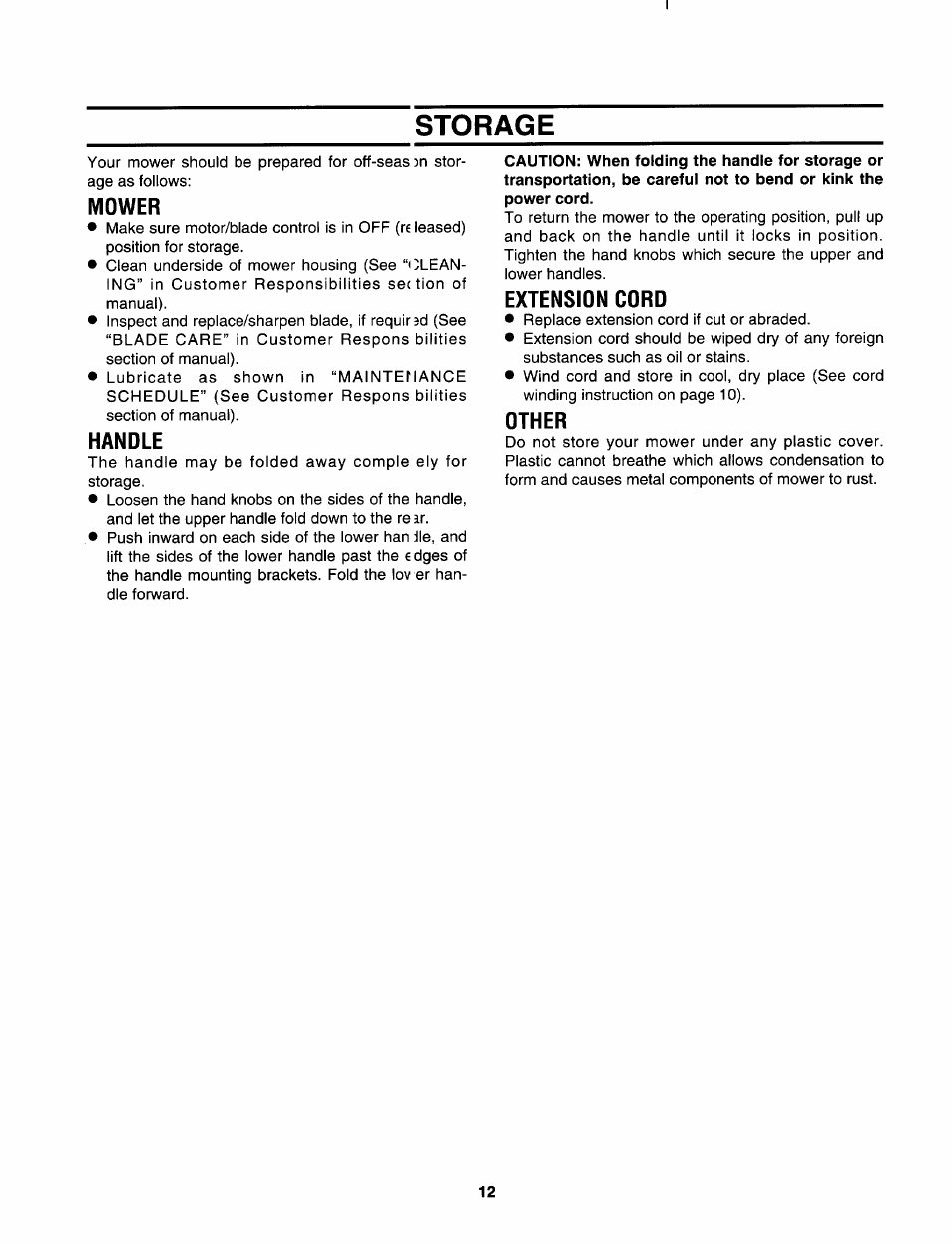 Mower, Handle, Extension cord | Other, Storage | Sears 247.370291 User Manual | Page 12 / 32