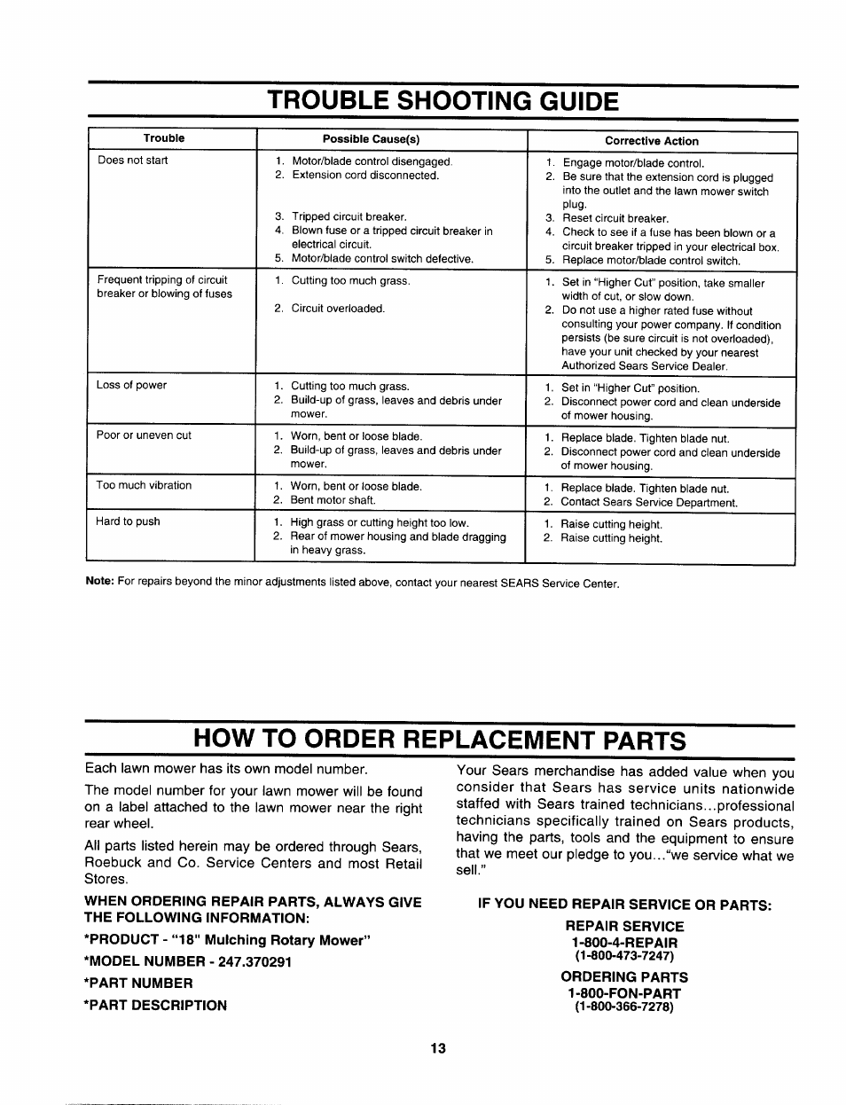 If you need repair service or parts, Ordering parts 1-800-fon-part, Trouble shooting guide | How to order replacement parts | Sears 247.370291 User Manual | Page 13 / 32