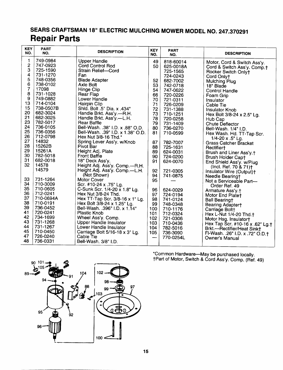 Repair parts | Sears 247.370291 User Manual | Page 15 / 32