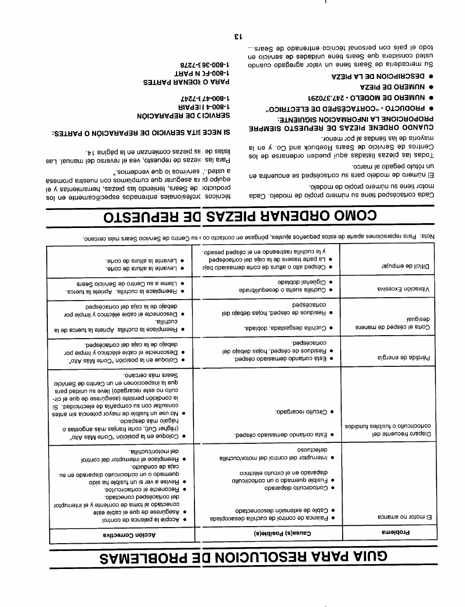 Guia para resolucion de problemas, Como ordenar piezas de repuesto | Sears 247.370291 User Manual | Page 20 / 32