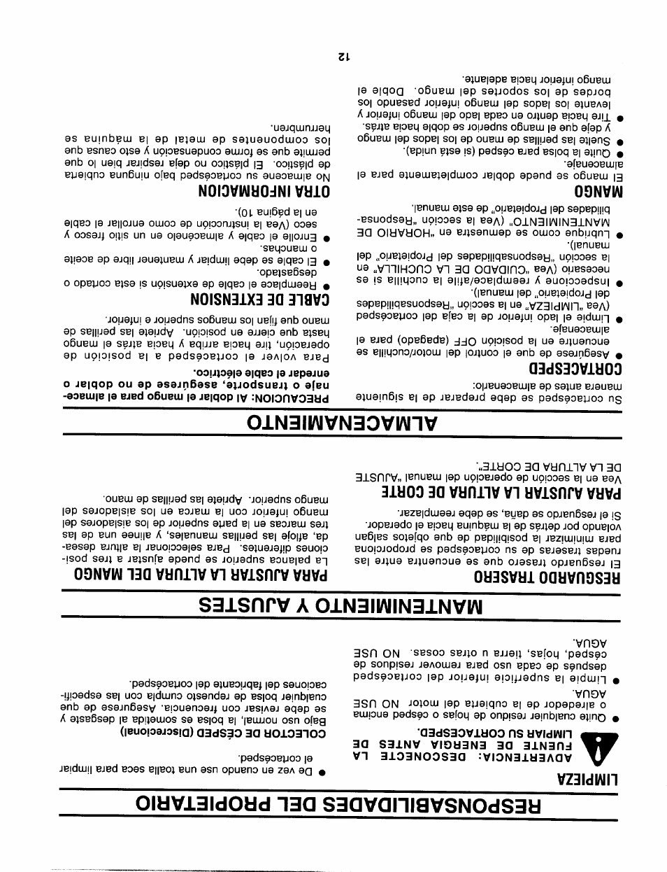 Cortacesped, Mango, Cable de extension | Otra informacion, Responsabilidades del propietario, Mantenimiento y ajustes, Almacenamiento, Limpieza, Resguardo trasero, Para ajustar la altura de corte | Sears 247.370291 User Manual | Page 21 / 32
