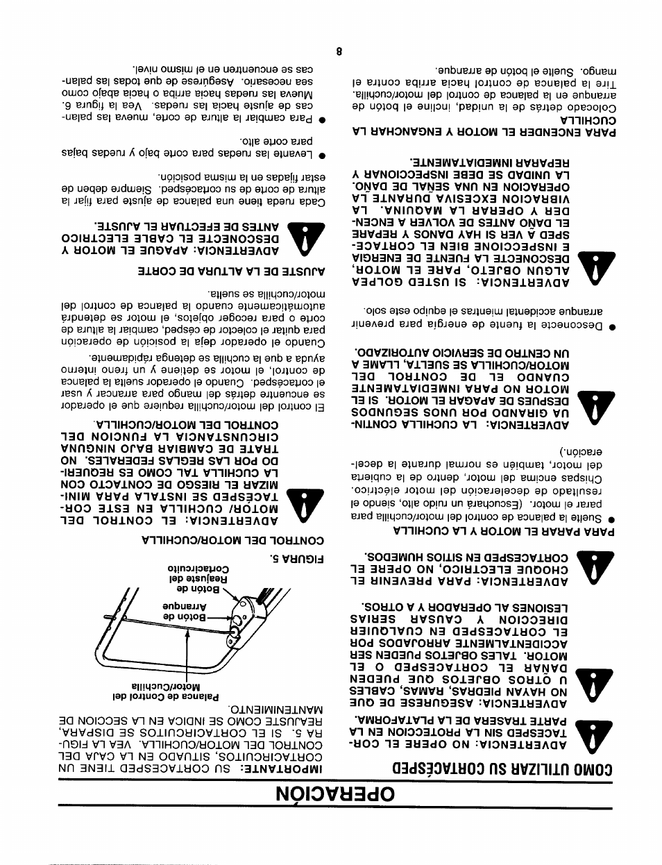 Como utilizar su cortacesped, Para parar el motor y la cuchilla, Para encender el motor y enganchar la cuchilla | Figura 5, Control del motor/cuchilla, Ajuste de la altura de corte, Operacion | Sears 247.370291 User Manual | Page 25 / 32