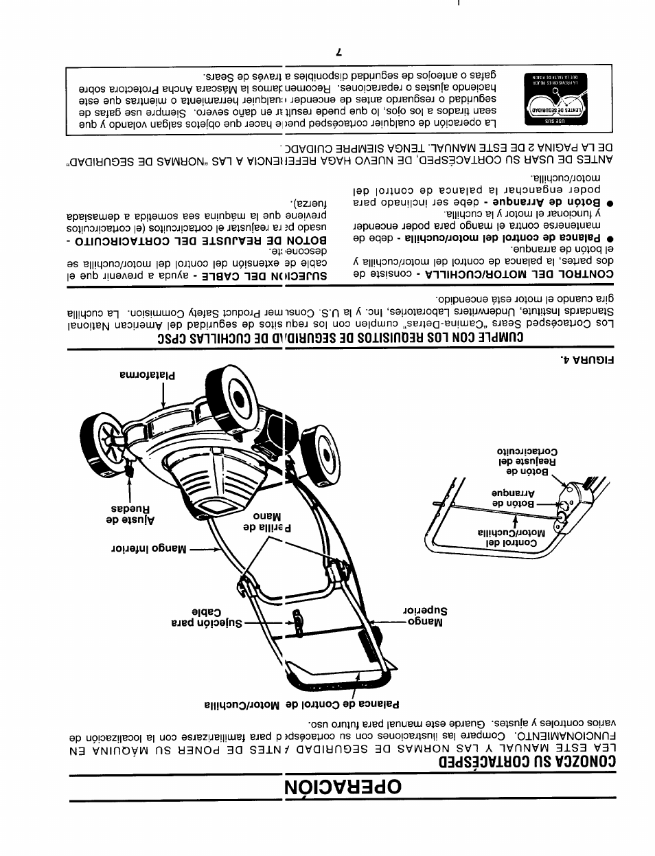 Conozca su cortacesped, Figura 4, Boton dé reajuste del cortacircuito | Operacion | Sears 247.370291 User Manual | Page 26 / 32