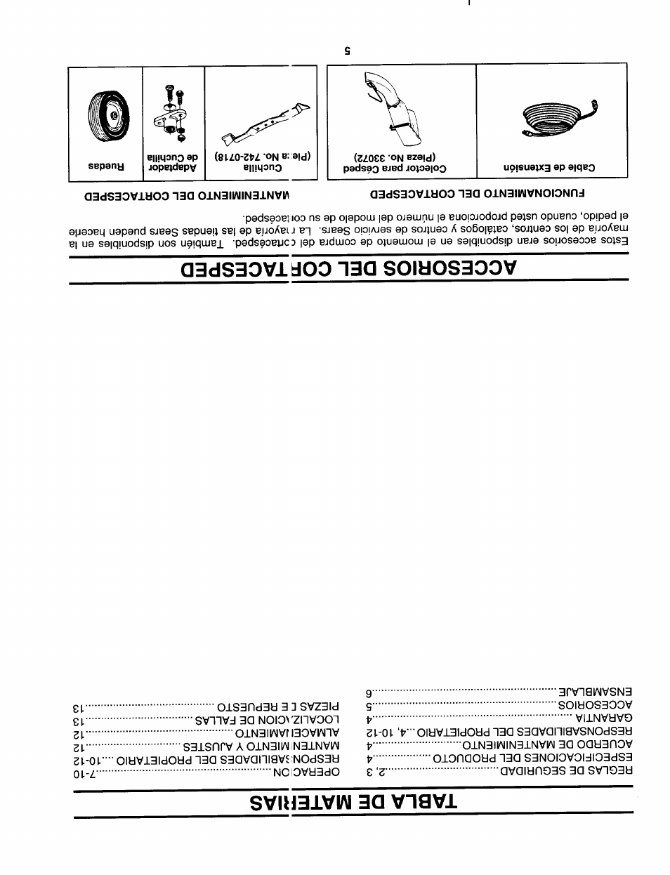 Funcionamiento del cortacesped, Mantenimiento del cortacesped, Tabla de mateftias | Accesorios del coptacesped | Sears 247.370291 User Manual | Page 28 / 32