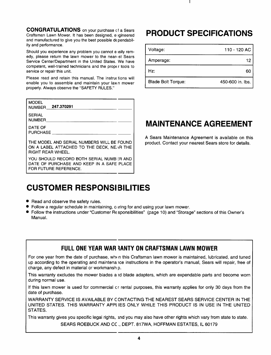 Full one year war yanty on craftsman lawn mower, Product specifications, Maintenance agreement | Customer responsibilities | Sears 247.370291 User Manual | Page 4 / 32