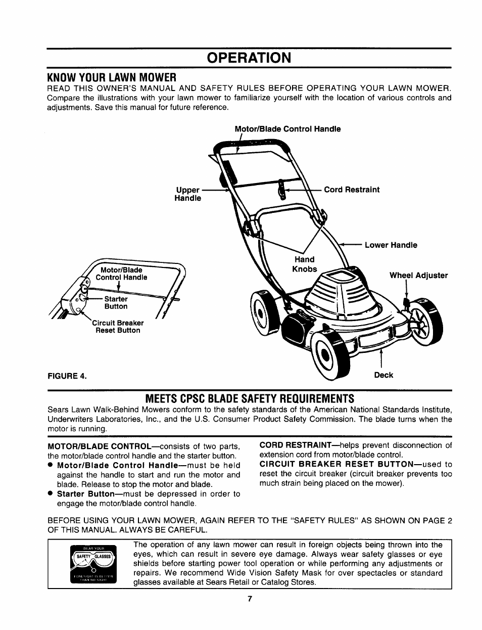 Know your lawn mower, Meets cpsc blade safety requirements, Operation | Sears 247.370291 User Manual | Page 7 / 32