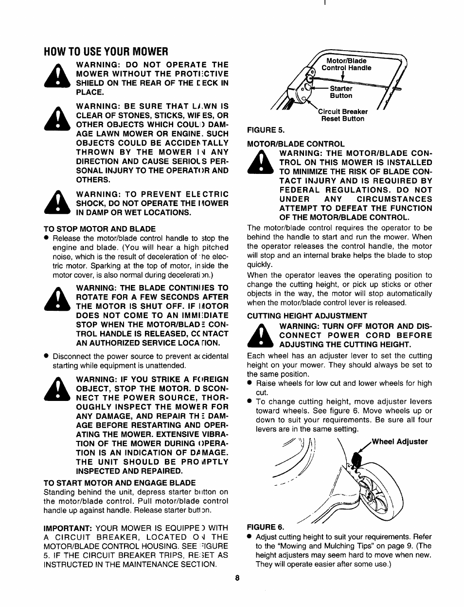 How to use your mower, To stop motor and blade, To start motor and engage blade | Figure 5, Motor/blade control, Cutting height adjustment | Sears 247.370291 User Manual | Page 8 / 32