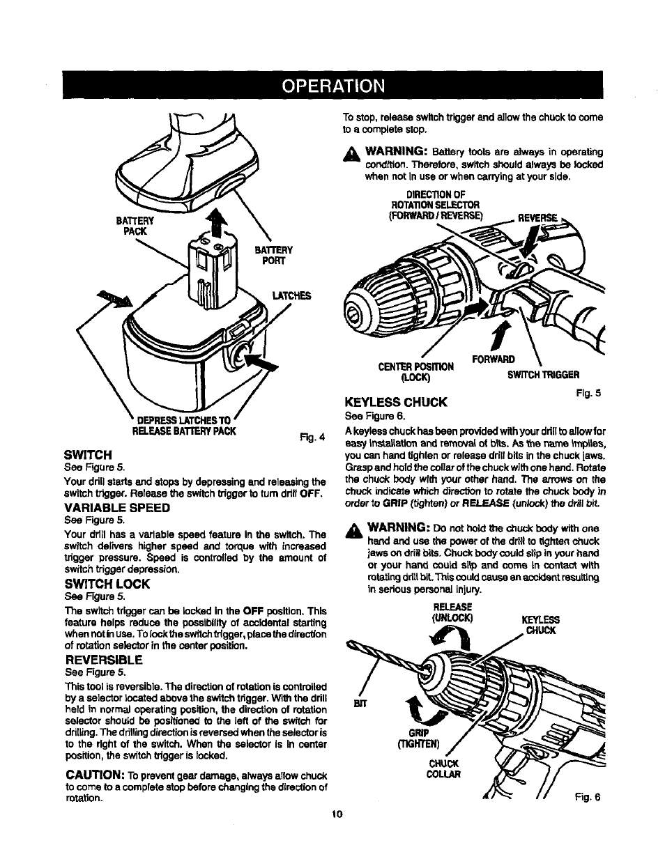 Switch, Variable speed, Switch lock | Reversible, Keyless chuck, Operation, Caution, Warning | Sears 315.10186 User Manual | Page 10 / 21