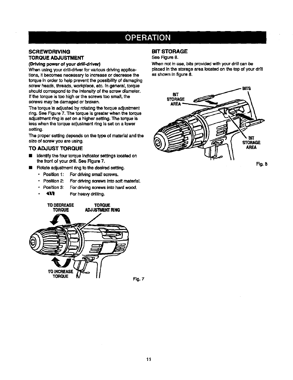 To adjust torque, Bit storage, Operation | Screwdriving torque adjustment | Sears 315.10186 User Manual | Page 11 / 21