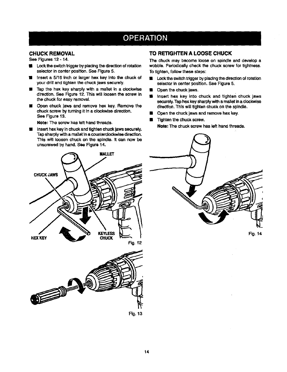 Chuck removal, To retighten a loose chuck, Operation | Sears 315.10186 User Manual | Page 14 / 21