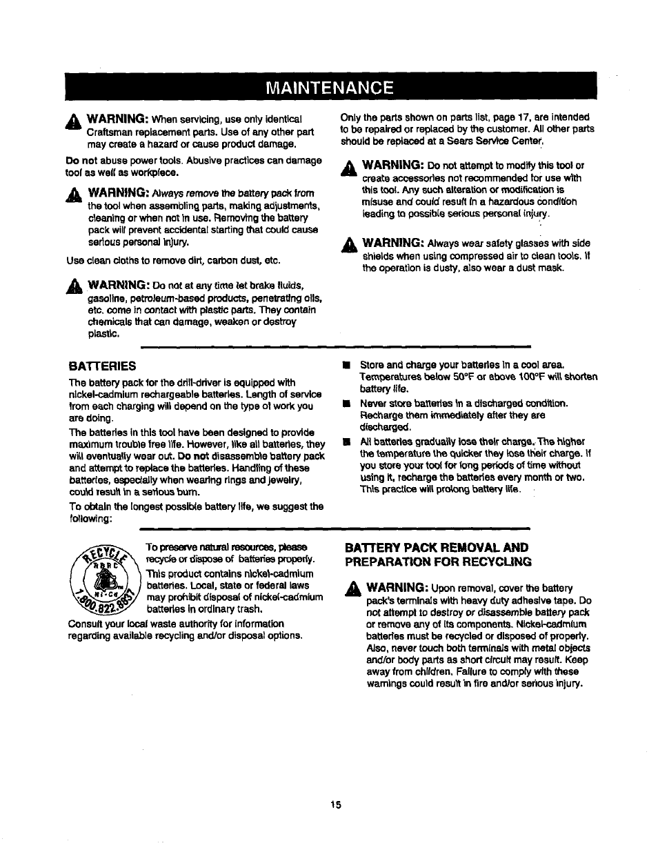 Batteries, Battery pack removal and preparation for recycung, Maintenance | Warning, A warning | Sears 315.10186 User Manual | Page 15 / 21