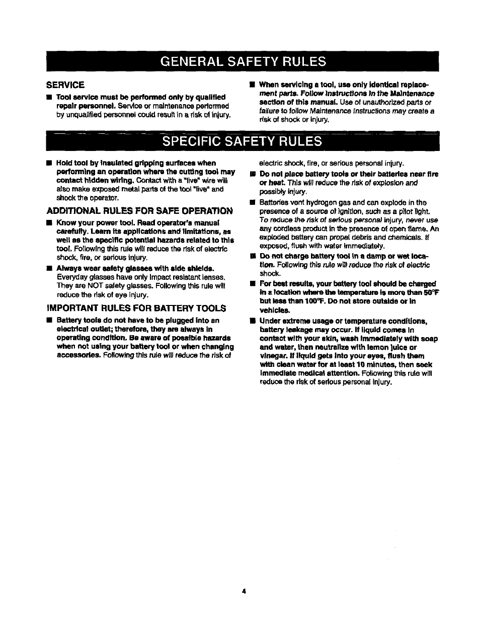 Service, Additional rules for safe operation, Important rules for battery tools | General safety rules, Specific safety rules | Sears 315.10186 User Manual | Page 4 / 21