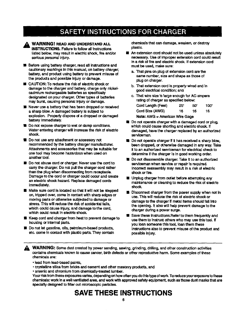 Save these instructions, Safety instructions for charger, V warning | Warning | Sears 315.10186 User Manual | Page 5 / 21