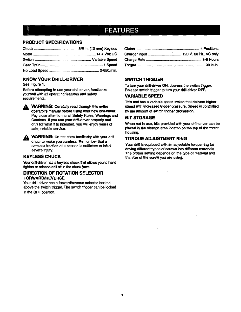 Product specifications, Know your drill-driver, Keyless chuck | Direction of rotation selector forward/reverse, Switch trigger, Variable speed, Bit storage, Torque adjustment ring, Features, Warning | Sears 315.10186 User Manual | Page 7 / 21