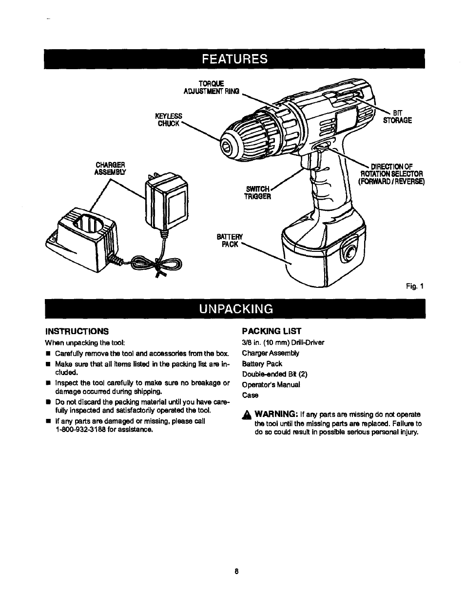 Instructions, Packing list, Features | Unpacking, A warning | Sears 315.10186 User Manual | Page 8 / 21
