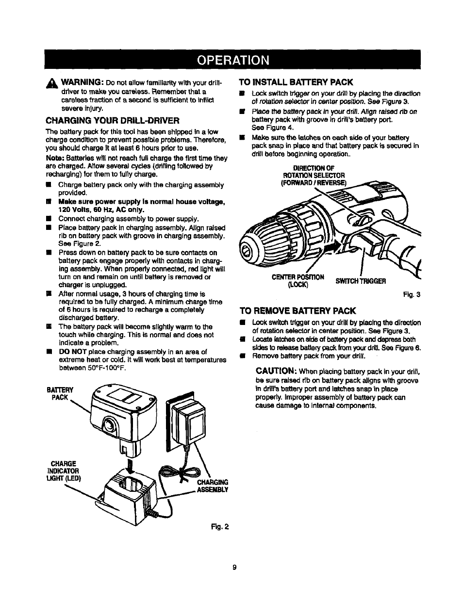 Charging your drill-driver, To install battery pack, To remove battery pack | Operation, Warning, Caution | Sears 315.10186 User Manual | Page 9 / 21