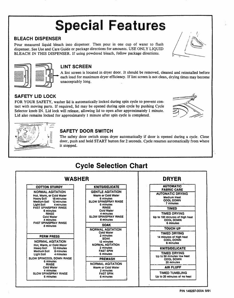 Special features, Bleach dispenser, Lint screen | Safety lid lock, Safety door switch, Cycle selection chart, Washer dryer | Sears 91701 User Manual | Page 4 / 4