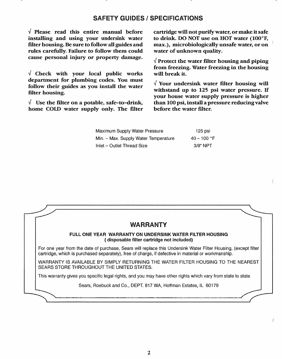 Safety guides / specifications, Warranty | Sears 625.3438 User Manual | Page 2 / 12