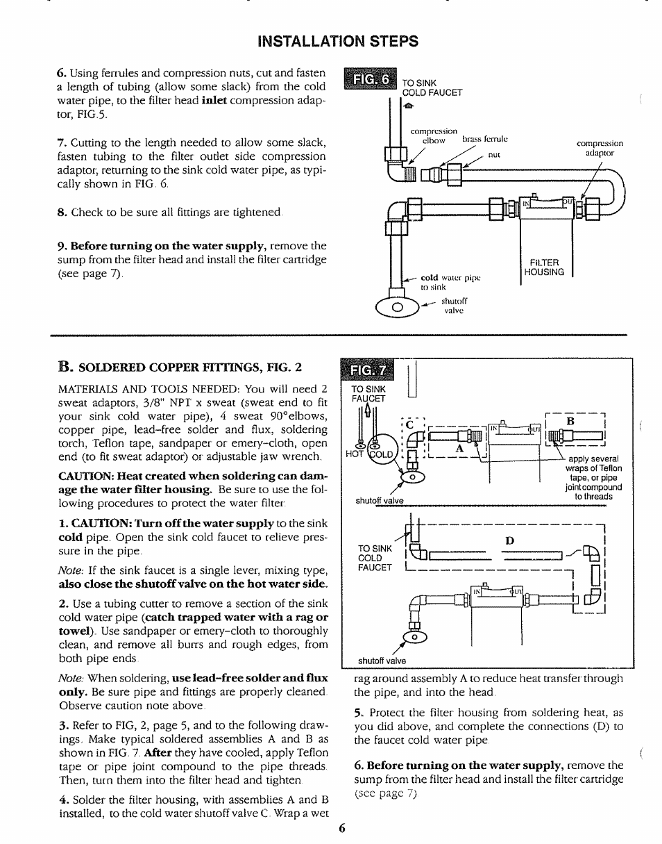 Fig. 6, B. soldered copper fittings, fig. 2 | Sears 625.3438 User Manual | Page 6 / 12