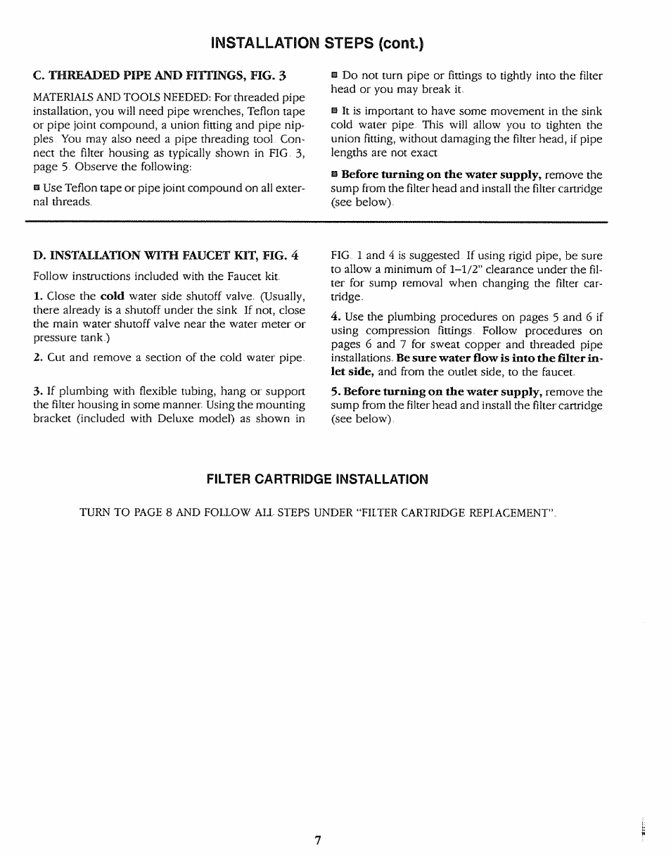 Filter cartridge installation, Installation steps (coni) | Sears 625.3438 User Manual | Page 7 / 12