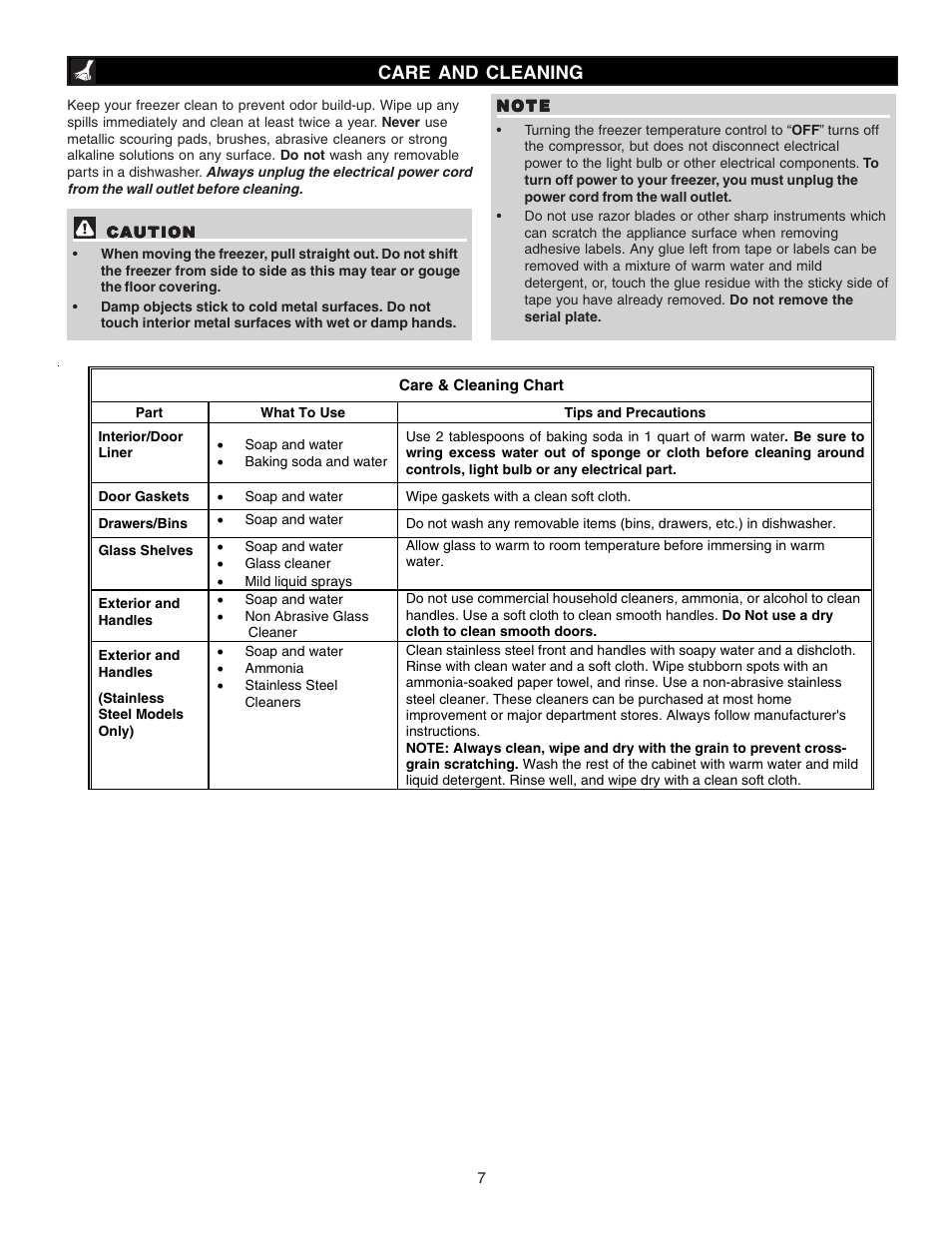 Care and cleaning | Sears Freezer Single-Door User Manual | Page 7 / 10