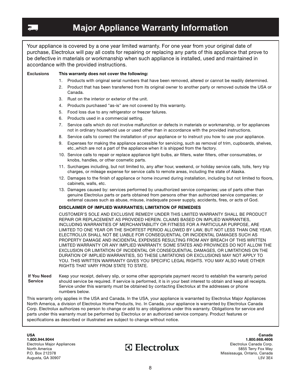 Major appliance warranty information | Sears Freezer Single-Door User Manual | Page 8 / 10