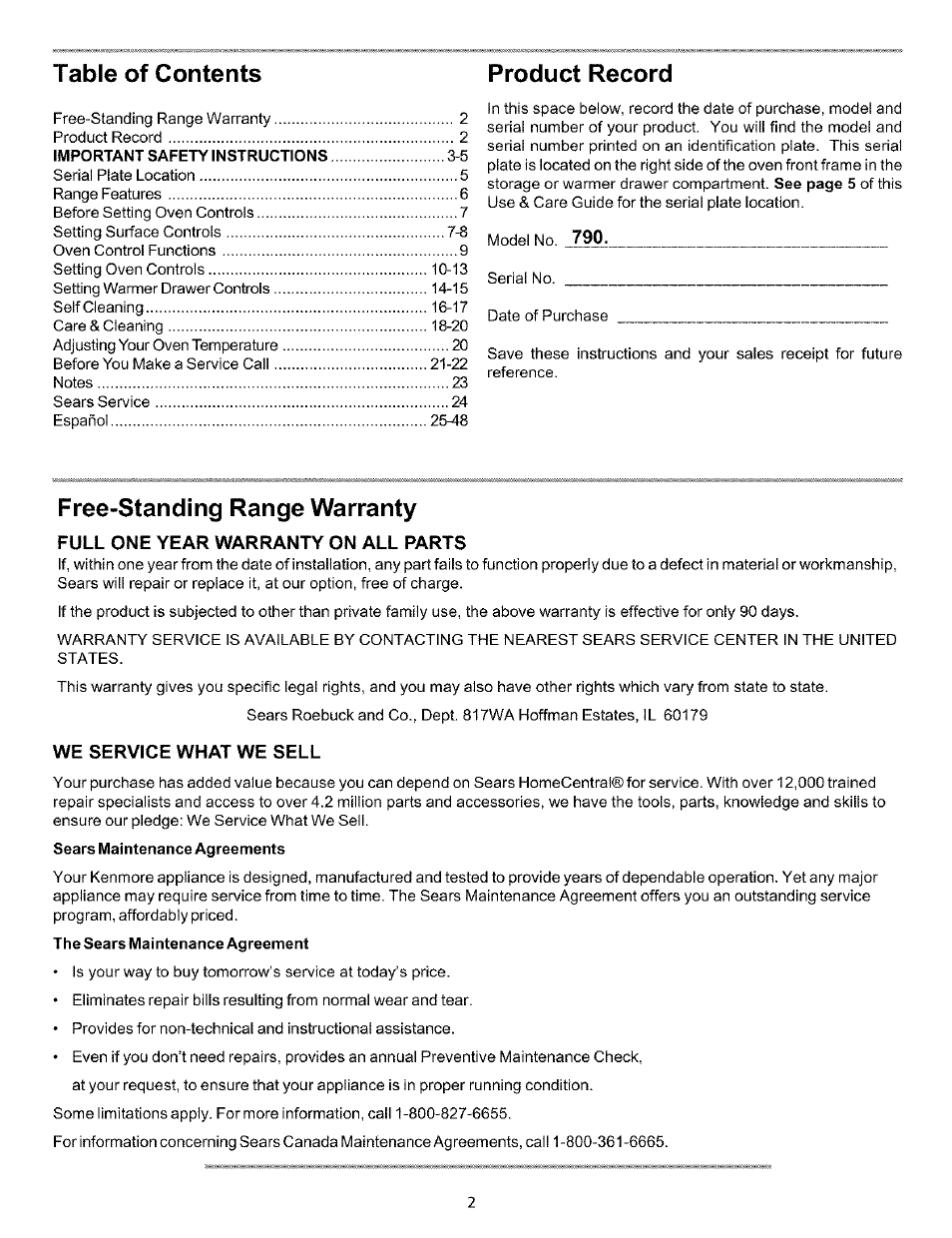 Table of contents product record, Free-standing range warranty | Sears 790.93754 User Manual | Page 2 / 24