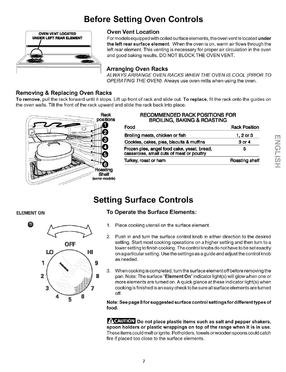 Oven vent location, Arranging oven racks, Removing & replacing oven racks | Setting surface controls, To operate the surface elements, Before setting oven controls | Sears 790.93754 User Manual | Page 7 / 24