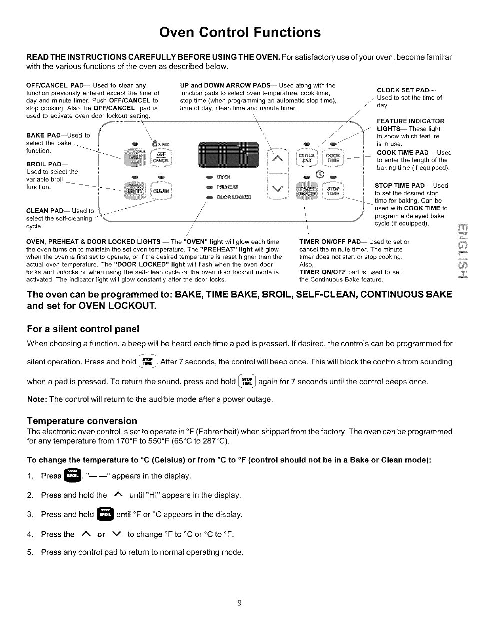 Oven control functions, For a silent control panel, Temperature conversion | Sears 790.93754 User Manual | Page 9 / 24