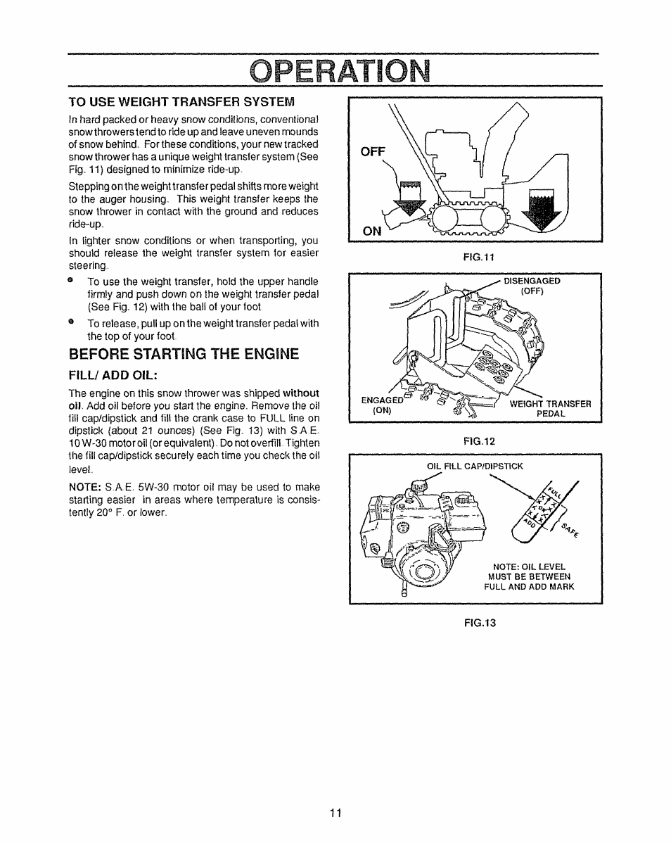 Opebation, Before starting the engine | Sears 536.885410 User Manual | Page 11 / 38