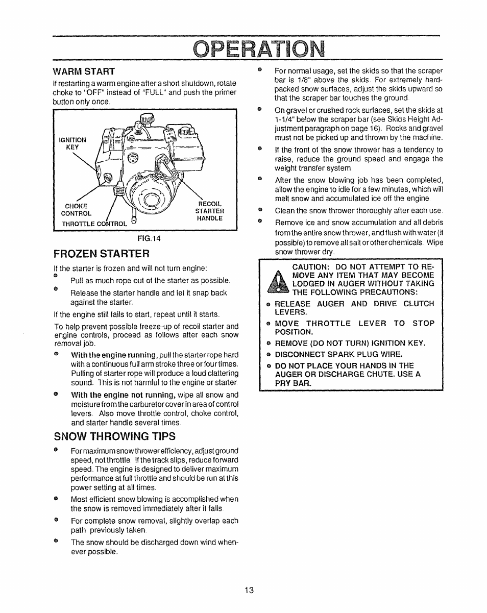 Operation, Frozen starter, Snow throwing tips | Sears 536.885410 User Manual | Page 13 / 38