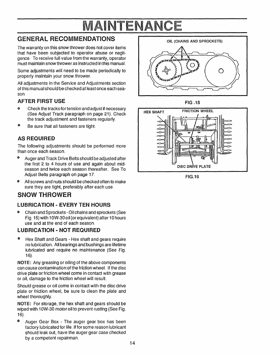 Maimteimai^ce, General recommendations, Snow thrower | Sears 536.885410 User Manual | Page 14 / 38